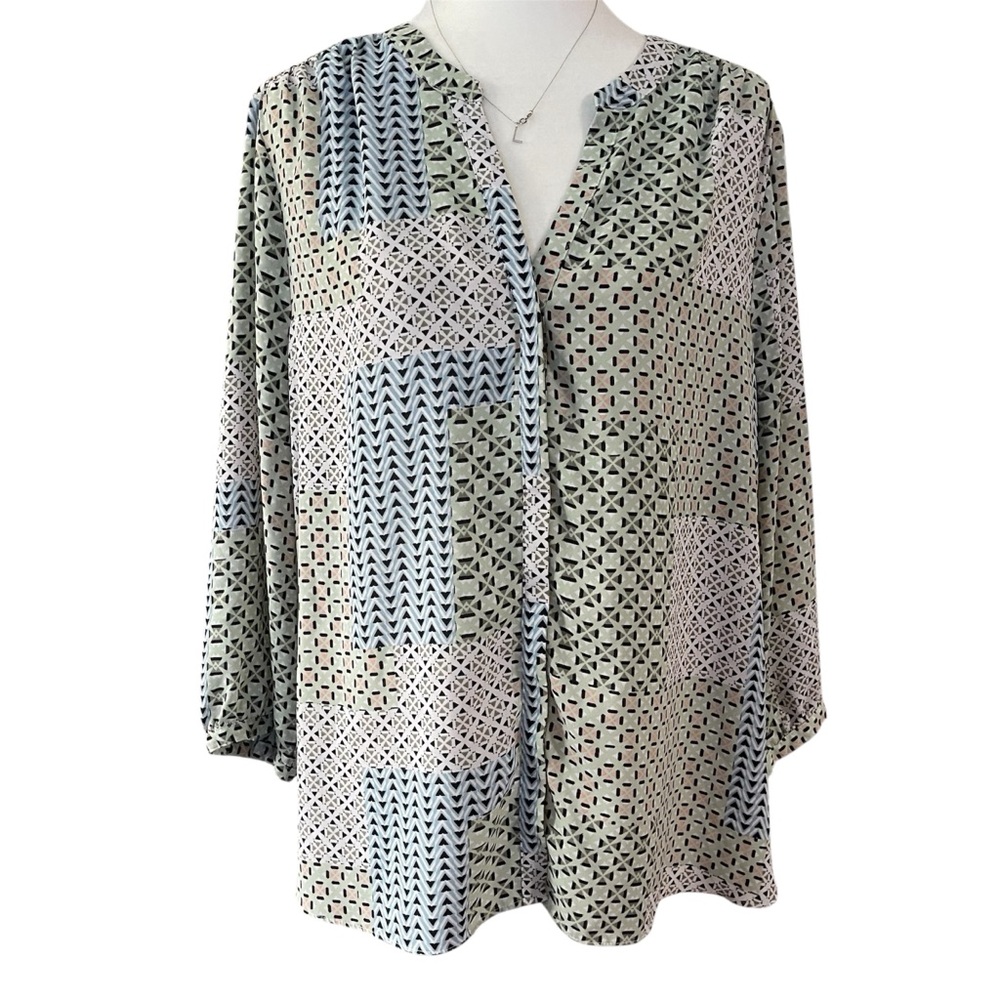Nydj Multicolor Geometric Pintuck Blouse Us L